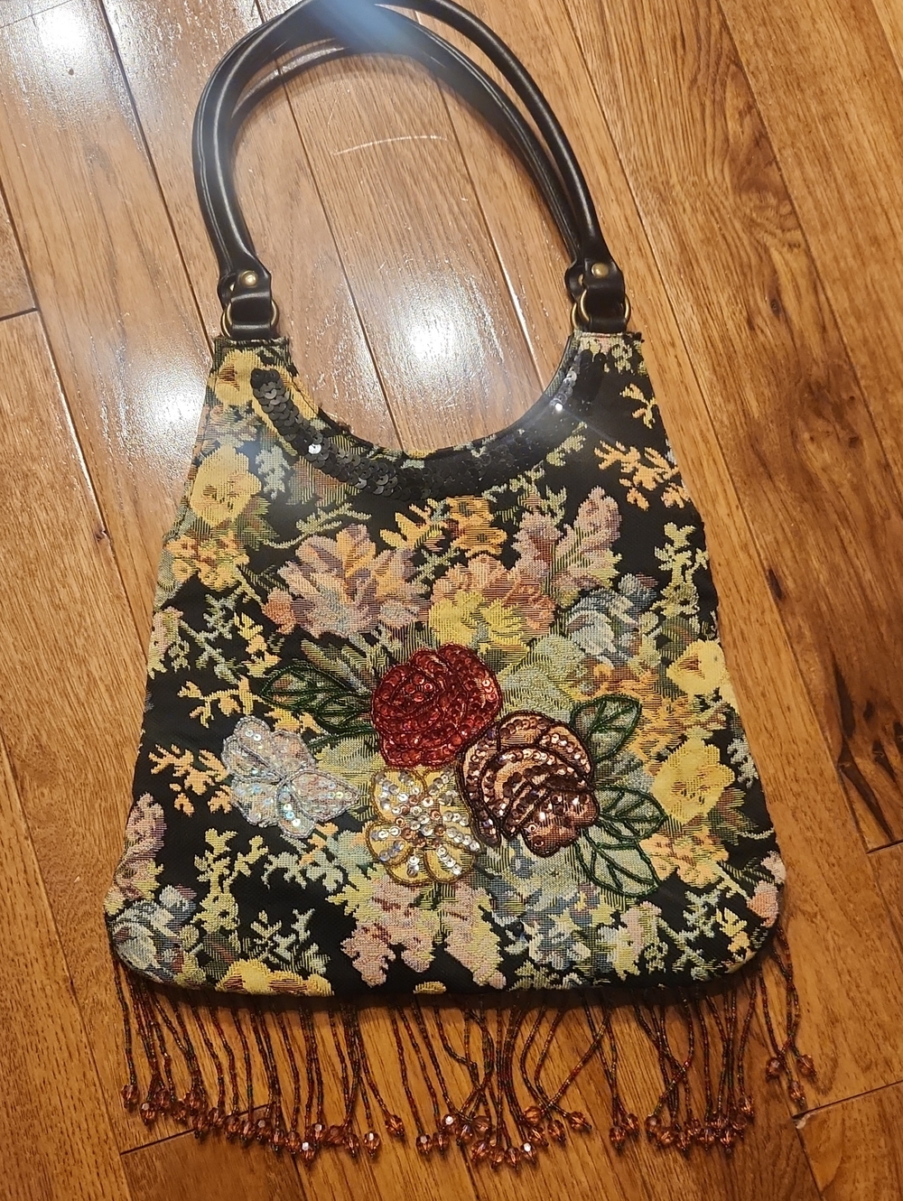 Prezzo Vintage Floral Tapestry Shoulder Bag with Beaded Fringe